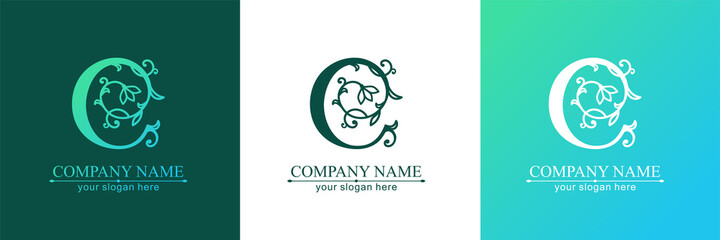 Premium Vector C logo. Monnogram, lettering. Delicate elegant floral pattern of roses. Personal logo or sign for branding an elite company. Vector design.