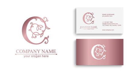 Premium Vector C logo. Monnogram, lettering and business cards.. Delicate elegant floral pattern of roses . Personal logo or sign for branding an elite company. Vector design.