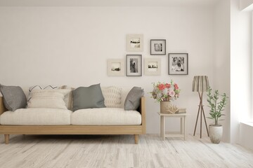 White living room with sofa. Scandinavian interior design. 3D illustration