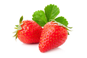 strawberries with leaf  isolated on white background.