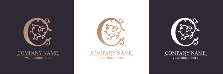 Premium Vector C logo. Monnogram, lettering. Delicate elegant floral pattern of roses. Personal logo or sign for branding an elite company. Vector design.