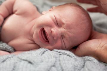 Newborn crying baby  lies on the  knitted blanket .