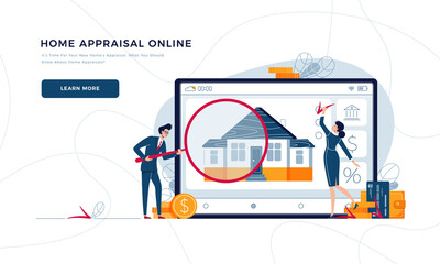 Home appraisal online landing page template. Inspectors are doing property assessment of a house for fixing of house value. Real estate valuation, property appraisal for web. Flat vector illustration