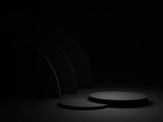 3D rendered black rounded podium. Dark background.