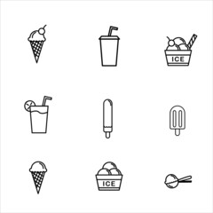 Ice cream and drinks outline icons set, Simple flat design isolated on white background, Vector illustration