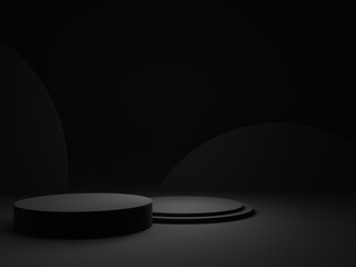 3D rendered black rounded podium. Dark background.
