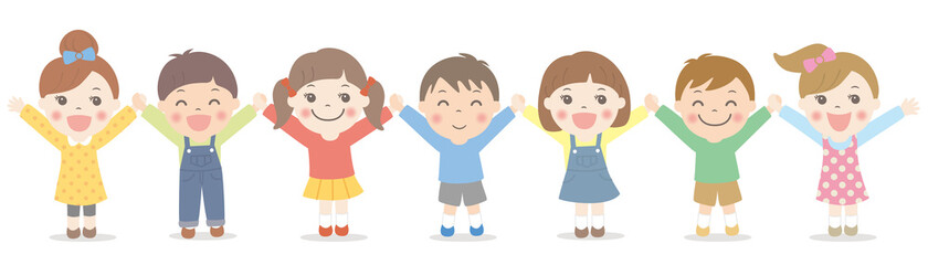 手をつないでバンザイをする子供たち