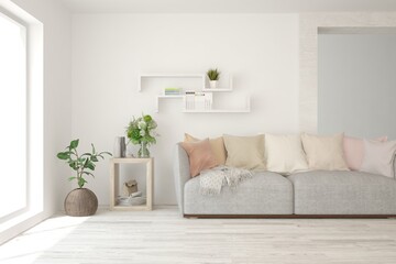 White living room with sofa. Scandinavian interior design. 3D illustration
