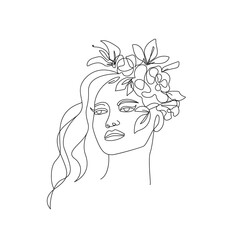 Woman Head with Flowers One Line Drawing. Continuous Line Woman and Flowers. Abstract Contemporary Design Template for Covers, t-Shirt Print, Postcard, Banner etc. Vector EPS 10.