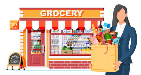 Grocery store and women customer. Wooden and brick facade. Glass showcase of boutique. Small european style shop exterior. Commercial, property, market or supermarket. Flat vector illustration