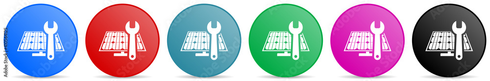 Poster Solar panel service vector icons, set of circle gradient buttons in 6 colors options for webdesign and mobile applications