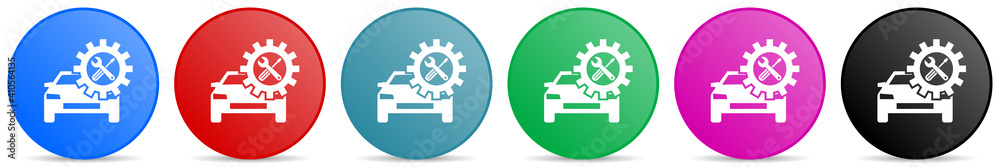 Poster car repair vector icons, set of circle gradient buttons in 6 colors options for webdesign and mobile