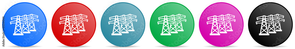 Poster Power line, energy towers vector icons, set of circle gradient buttons in 6 colors options for webdesign and mobile applications