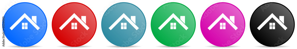 Fototapete house, roof and window vector icons, set of circle gradient buttons in 6 colors options for webdesig