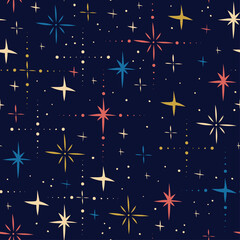 Seamless pattern with stars on dark background. Simple endless illustration with a night sky