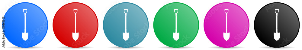 Aufkleber shovel, gardening tool vector icons, set of circle gradient buttons in 6 colors options for webdesig