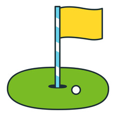 ゴルフコースと旗とボールのアイコンのイラスト。