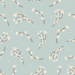  Willow twigs seamless background. Easter spring background with willow. Design for paper, textile, scrapbooking. Vector illustration
