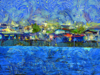 Landscape of the Chao Phraya River Illustrations creates an impressionist style of painting.