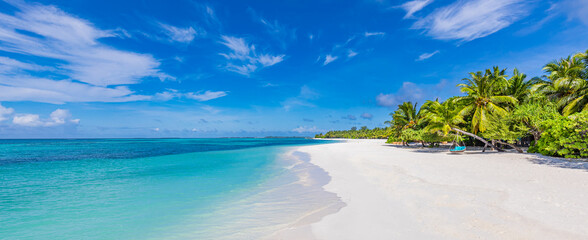 Maldives island beach. Tropical landscape of summer scenery, white sand with palm trees. Luxury...