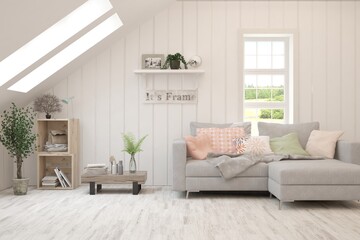 White living room with sofa. Scandinavian interior design. 3D illustration