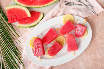 Plate with watermelon ice cream on light background
