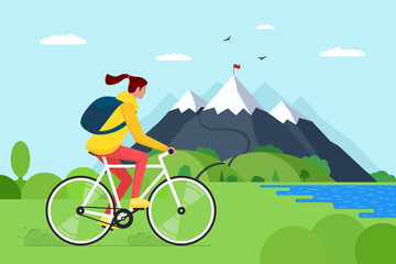 Young woman riding bicycle in mountains. Girl bicyclist tourist with backpack on bike travel in nature. Female cyclist active recreation on hill lake and forest. Cycle ride touring vector illustration