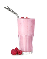 Glass of tasty strawberry smoothie on white background