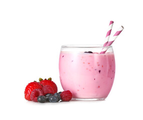 Glass of yummy smoothie with berries on white background