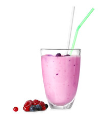 Delicious smoothie with ripe berries in glass on white background