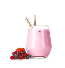 Glass of delicious smoothie with berries on white background