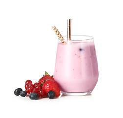 Glass of delicious smoothie with berries on white background