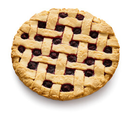 Tasty raspberry pie on white background