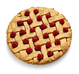 Delicious pie with raspberry on white background