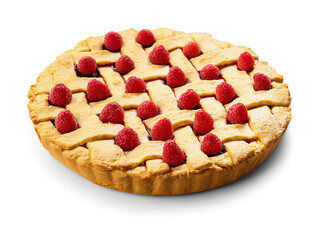 Delicious pie with raspberry on white background