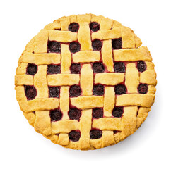 Tasty raspberry pie on white background