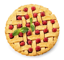 Yummy raspberry pie with mint on white background