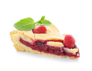Piece of delicious raspberry pie on white background