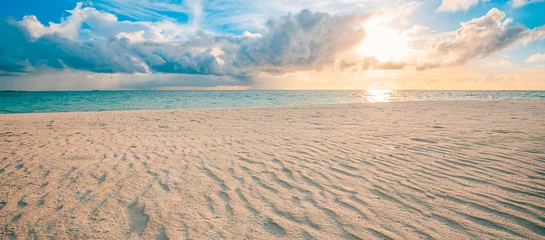  Closeup sea sand beach. Panoramic beach landscape. Inspire tropical beach seascape horizon. Orange and golden sunset sky calmness tranquil relaxing sunlight summer mood. Vacation travel holiday banner © icemanphotos