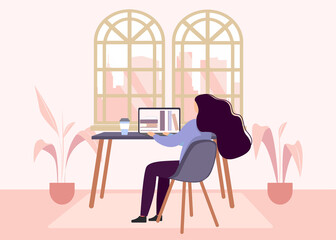 Online courses and student concept. Woman using laptop for online learning. Cartoon vector illustrations for distance learning, knowledge, school topics