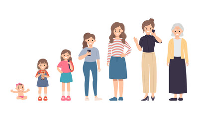 Obraz premium Asian woman growing old process life cycle from baby to senior age. Flat vector character isolated