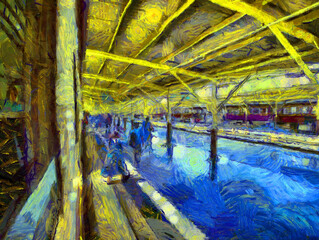 Train station landscape Illustrations creates an impressionist style of painting.