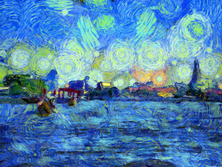 Landscape of the Chao Phraya River Illustrations creates an impressionist style of painting.