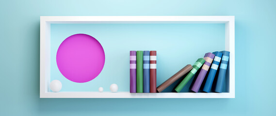 Education concept. 3d of Books on the shelves on blue background. Modern flat design isometric concept of Education for website and mobile website. Back to school, banner design template.