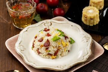 fried rice with vegetable and  Chinese sausage
