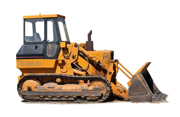 Old abandoned yellow bulldozer on white background - obrazy, fototapety, plakaty