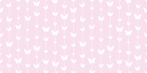 White and pink striped and butterflies seamless background.