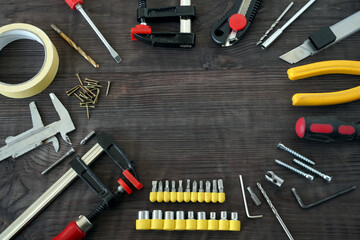 Working tools on wooden table. top view, copy space