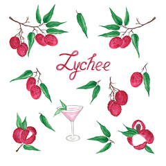 Set - berries, bright pink lychee fruits, with a stone, on a branch with green leaves, a glass of a drink and lettering. Isolated over white background. Watercolor illustration. Nature. For design.