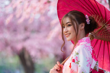 woman in yukata (kimono dress) holding umbrella and looking sakura flower or cherry blossom...